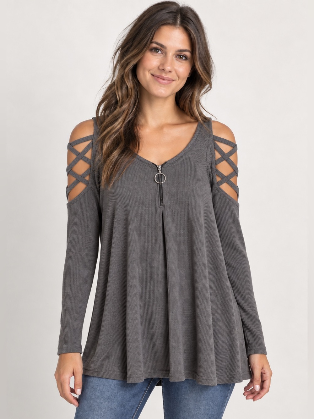 Gray Women's Blouse with Zipper & Cutout Lattice Style Sleeves